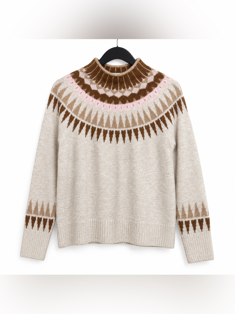 CeCe Fair Isle Nordic Yoke Mock Neck Sweater Oatmeal Brown Pink Size S